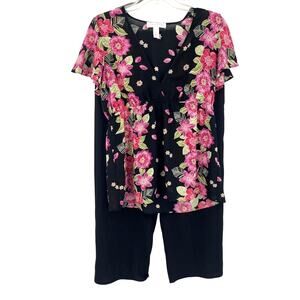 Vtg Oscar De La Renta Pink Label Floral Womens Pajama Set Med Black Babydoll Y2K